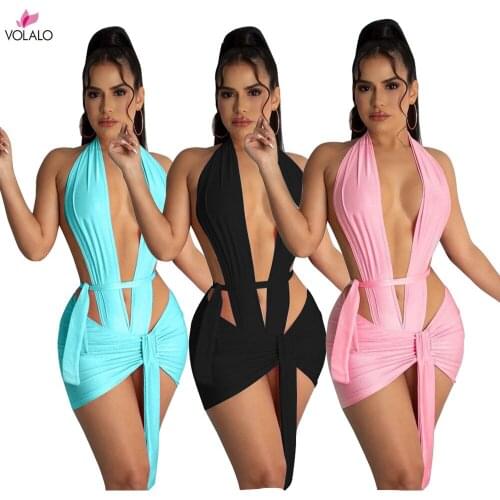 Women Summer Solid Sexy Casual Matching Suits Women Sleeveless Halter Low Cut Party Bodysuit+Skirts 2 Piece Sets 2021 New