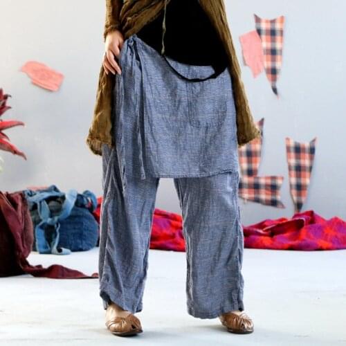 Johnature 2020 New Women Ankle-Length Pants Loose Linen Striped Asymmetric Pants Original Designer Elastc Waist Skirt