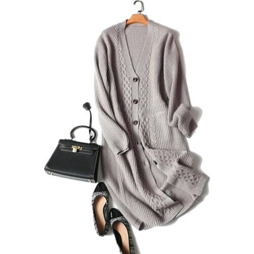 Cashmere Long Cardigan Women V-Neck Pockets Elegant Fashion Single Breasted Knited Woman Sweaters Warm Outwear