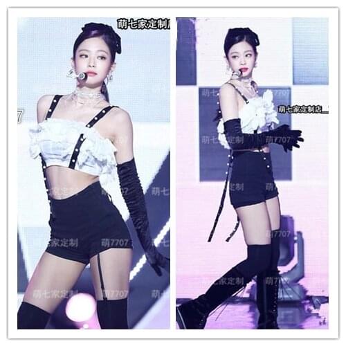 Kpop TWICE EXO IU Seo Yea Ji dance show same white lace camisole t shirt tops + black sexy High waist shorts women two piece set