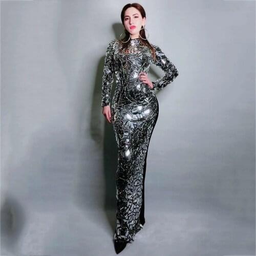 2019 Bright Full Mirrors Long Dress Women Rhinestone Bling Party Dresses Costume Adults Club Stage Performance Dance Wear DT527