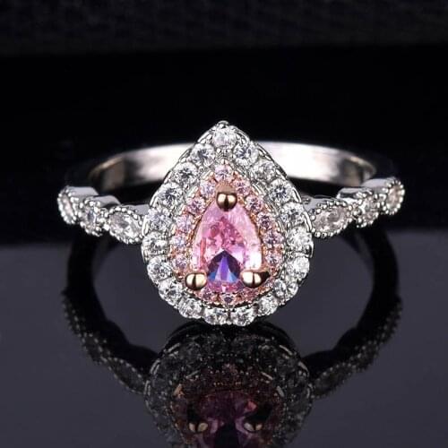 QTT Women 925 Sterling Silver Ring Trend Pink Crystal Pear Shaped Ring Luxury Engagement Wedding Bridal Jewelry