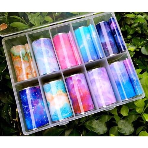10 Design/Set Nail Foil Nail Art Transfer Foil Stickers Paper Starry Sky Sparkly AB Color UV Gel Wraps Nail Adhesive Decals Bulk