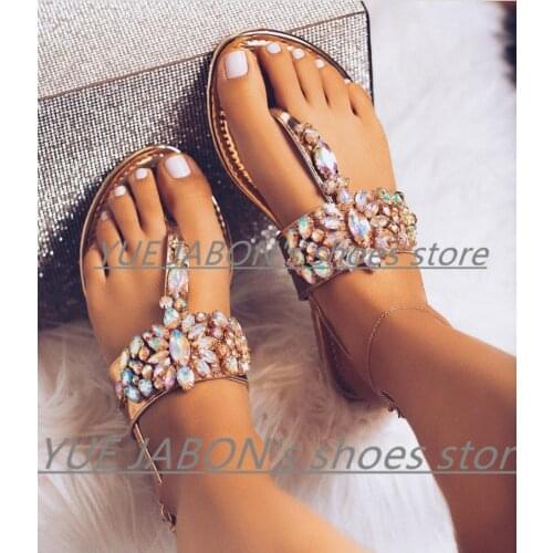 2021 Summer Women Strap Sandals Womens Flats Open Toe Colorful Crystal Casual Shoes Plus Size 43 Thong Sandals Sexy Ladies Shoe