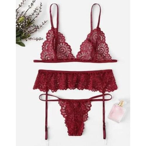 3Pcs Sexy Lingerie Women Lace Bra set Transparent Thong Garter Underwear Set Sexy Babydoll Nightwear Sleepwear Female Sets