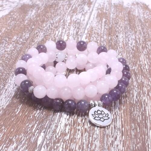 8MM Natural Stone Mala Pink, Purple Crystal, Lotus, OM, Buddha Charm Bracelet For Women Yoga Jewelry