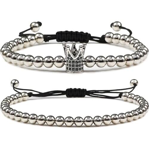 Hot 5mm Copper Beaded Braid Bracelet Micro Pave King Crown Men Women Bracelets Bangles Handmade Couple Prayer Wristband Jewelry