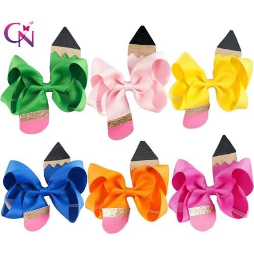 CN 6pcs/lot 4.5" Pencil Back to School Hair Bow With Clip For Girls Boutique Pencil Hairpin Preschool Graduation Accessories