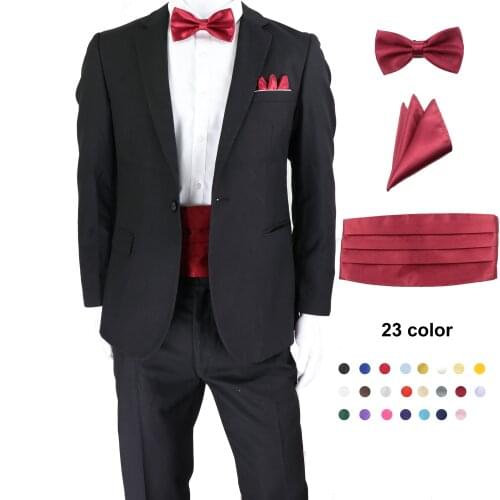 Wine Red 23 Solid Color Men Elastic Cummerbund Waist seal Bow Tie Set Pocket Square Formal Luxury Tuxedo Suit Accessories Gift