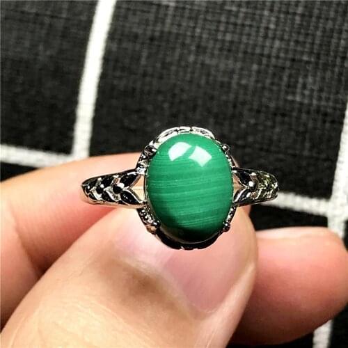 10x8mm Genuine Natural Green Malachite Chrysocolla Ring For Woman Man Round Beads Crystal Silver Adjustable Ring Jewelry AAAAA