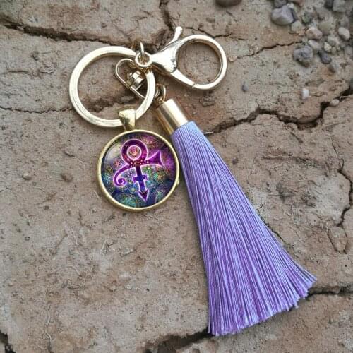 NEW prince tassel Keychain Pendant RIP Symbol Logo Glass Cabochon car bag Key ring Pendant female Jewelry Gift For women girls