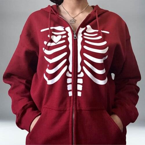 Rhinestone Skeleton 2021 Summer Zip Up Oversized Hoodie Goth Hoodies Women Grunge Hooded Jacket Streetwear Retro Clothes