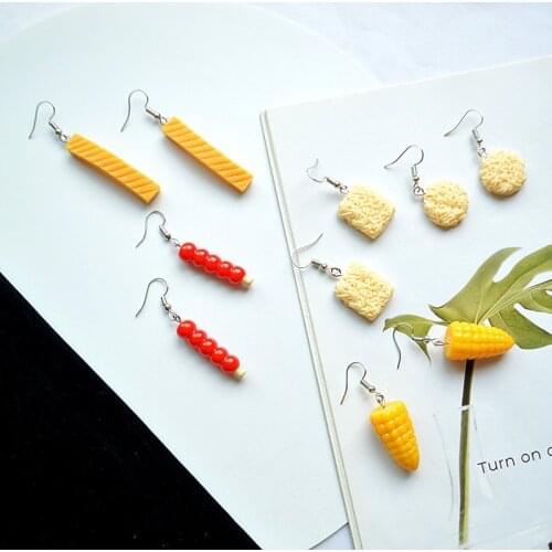 Student Cute Mini DIY Simulation Food Earrings Creative Geometry Instant Noodles Corn Sugar Gourd Prawn Cracker Brick Earrings