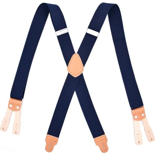 Navy Blue Leather Suspenders Braces for Men X Back Button End Elastic Adjustable Pants Trousers Straps Belts Tirantes Bretelle