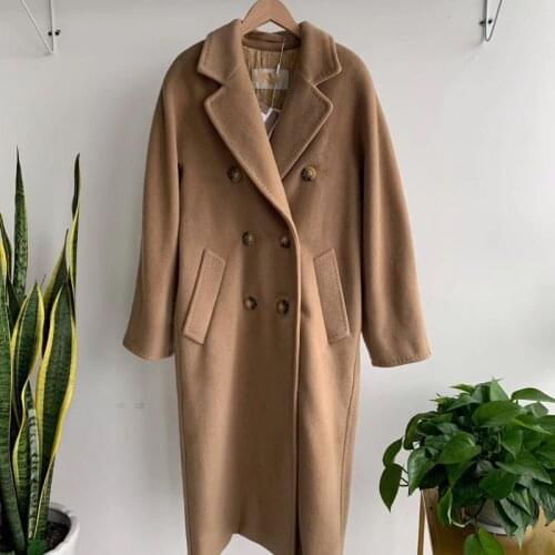 Fashion WOOL CASHMERE LONG trench Drop Shoulder Oversized Coat Double Breasted Waist Belt Long Sleeved Sides Pockets
