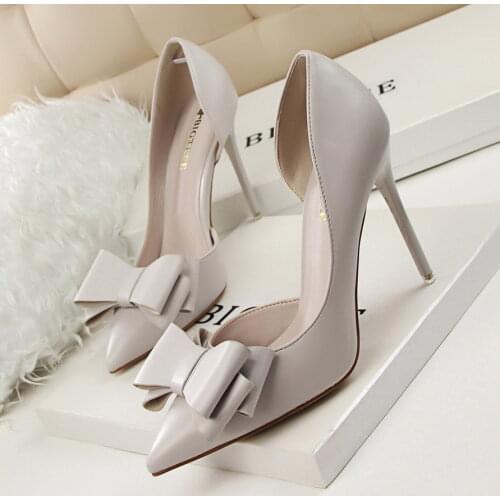 Pumps 2021 PU Fashion show sweet bowknot high heels stiletto high heel shallow mouth pointed side hollow shoes Women
