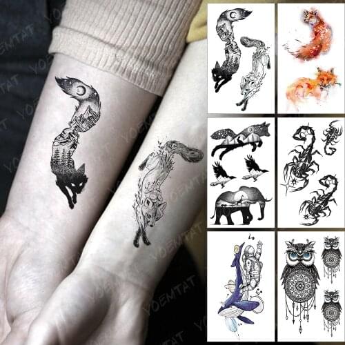 Waterproof Temporary Tattoo Sticker Fox Wolf Forest Moon Mountain Black Tatto Realistic Body Art Tatoo Woman Man Child Tattoos