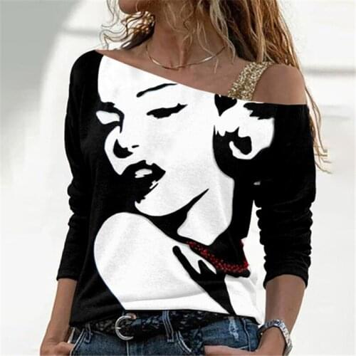 Women Elegant Casual Blouse 2021 Autumn Sexy Skew Neck Off Shoulder Ladies Shirt Vintage Face Print Ladies Loose Tops Female