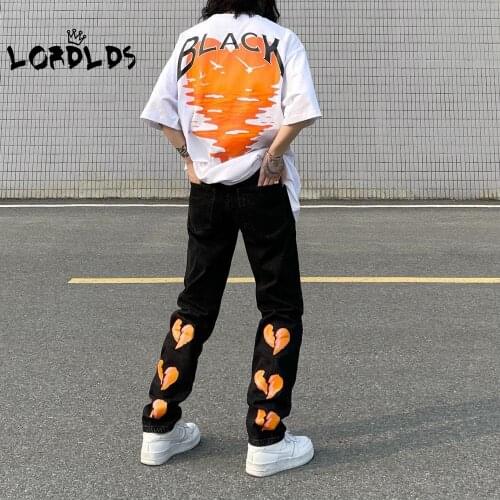 LORDLDS Women Black Straight Leg Jeans Vintage Streetwear Heart Print Denim Pants Fashion Clothes Hiphop Trousers for Woman