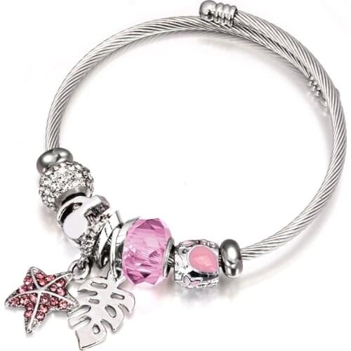 Women Cuff Bracelet Silver Stainless Steel Chain Bangles Ethnic Crystal Starfish Leaf Fashion Jewelry Girl Gifts Accessories New