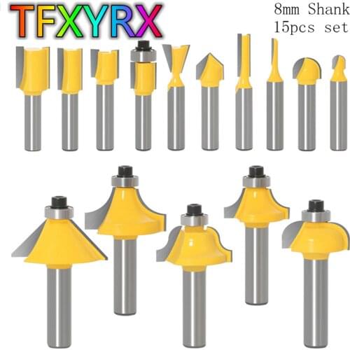 15pcs 8mm Shank Router Bit Set Woodworking Chisel Cutters CNC Engraving Machine Milling Tools Tenon Knife Set