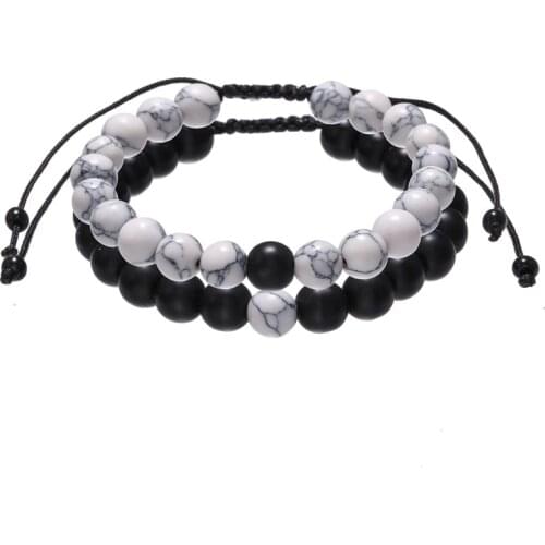 2pcs/Set Couples Distance Braid Men Bracelets Sets Adjustable Natural Stone White And Black Ying Yang Bead Bracelet Sets Jewelry