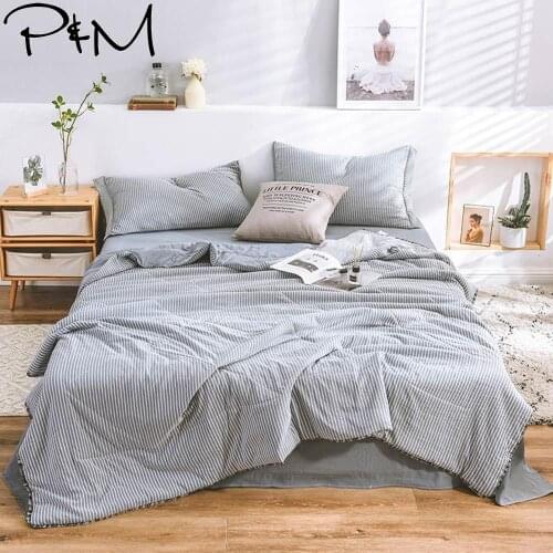 2019 INS Nordic Grey White Lines Bedding Set Wash Microfiber Polyester 4pcs Summer Quilt Bedlinens Bedsheet Pillowcases