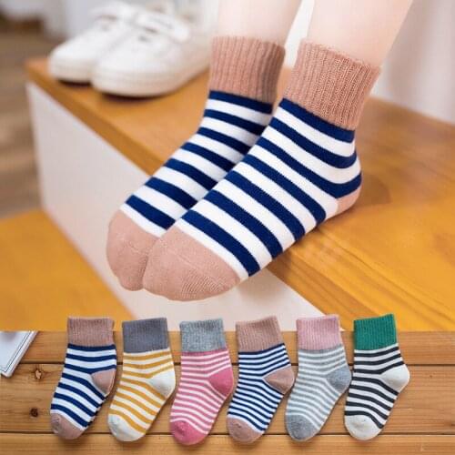 5 Pairs Baby Boys Winter Socks Kids Spring Autumn Cotton Breathable Socks Stripe Keep Warm Floor Anti-skid Girls Socks 0-12Yrs