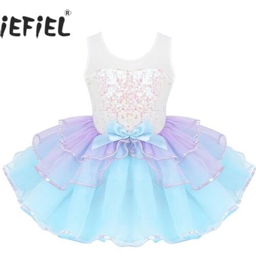 IEFiEL Kids Girls Ballerina Dancewear Shiny Sequins Mesh Splice Bowknot on Waist Ballet Dance Gymnastics Leotard Tutu Dress
