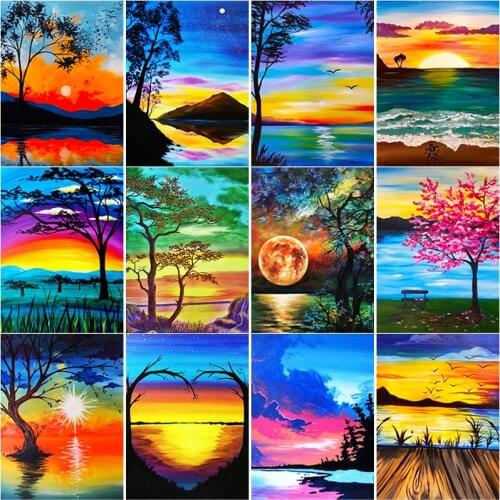 5D DIY Diamond Painting Full Square Round Drill Sunset Tree Diamond Embroidery Scenery Cross Stitch Home Decor Manual Art Gift