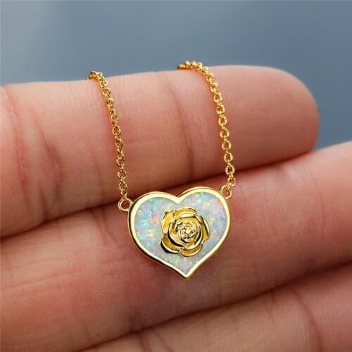Boho Female White Blue Opal Pendant Necklace Cute Flower Heart Stone Necklace Dainty Gold Silver Color Chain Necklaces For Women