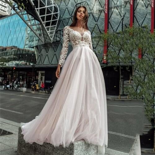 LORIE Elegant Boho Lace Wedding Bridal Gowns Long Sleeve Appliqued Lace Soft Tulle Back Illusion Beach Wedding Gowns