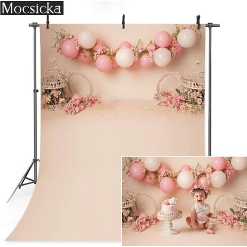 Girl Birthday Portrait Photography Backdrop Flowers Balloons Pink Newborn Birthday Cake Smash Background Spring Floral Studio