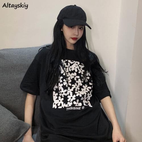 T-shirts Women Simple Floral Basic Summer Black White Tees All-match Streetwear O-neck Loose Couple Unisex Popular College Mujer