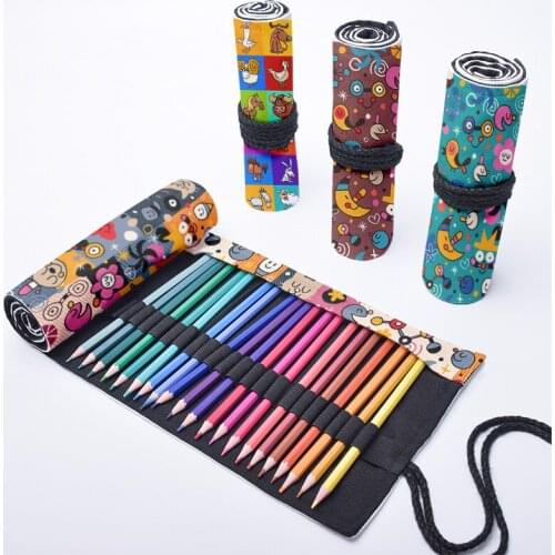 Cartoon Print Roll Pencil Case Drawing Storage Canvas Bag 12/24/36/48/72 Holes Funny Animal Harajuku Creative Girls Boys Pen Bag