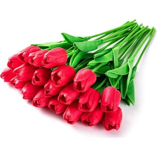 20Pcs Tulips Artificial Flowers Real Contact Feel Red Tulips for Party Home Wedding Decoration(Red)
