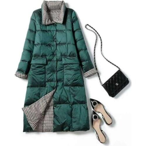 Winter Women Double-sided Down Long Jacket Stand-up Collar White Duck Down Plaid Jacket Slim Warm Female Snow Outwear