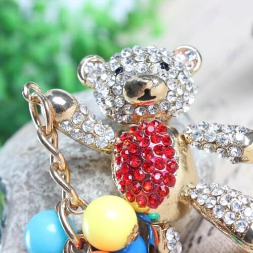 Bear Red Bell Arm Move Panda Charm Pendant Crystal Purse Bag Key Ring Chain Women Girl Gift Our Happy Time