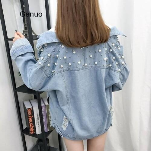Fashion Overcoat Denim Women Autumn Jackets Pearl Beading Coats Womans Large Size Blue Jacket Ripped Female Loose Coat