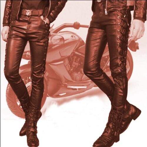 2020 Mens New Pure Color PU Leather Pants Youth Strap Casual Motorcycle Leather Pants