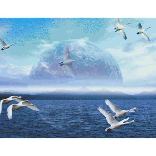 Flying Swan Seaside scenery Handmade Needlework Embroidery DIY Aida Cross Stitch Kits Crafts 14CT Unprinted Home decor wall Arts