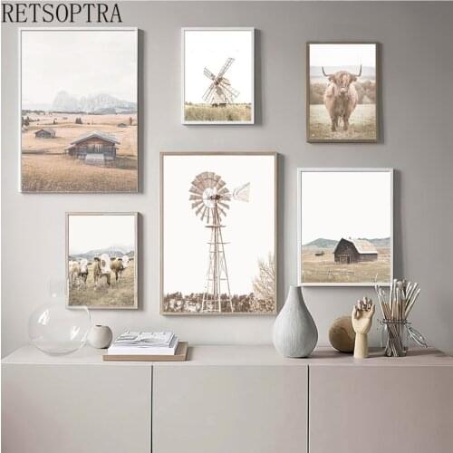 Nature Landscape Wall Art Painting Canvas Print Poster Nordic Style Animal Cow House Picture Modern Living Room Decoration