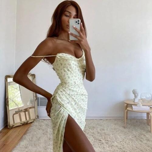 Foridol Floral Print Summer Dress Women Boho Slit Maxi Long Dress Vintage Beach Dress Spaghetti Strap A-line Sundress 2021