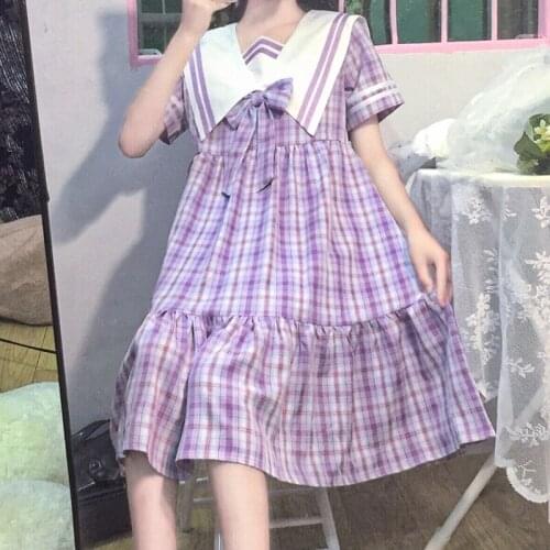 Summer Sweet Lolita Dress Women Sailor Collar Short Sleeve Dresses Girl Preppy Style Purple Loose Plaid Bow Ruffles Kawaii Dress