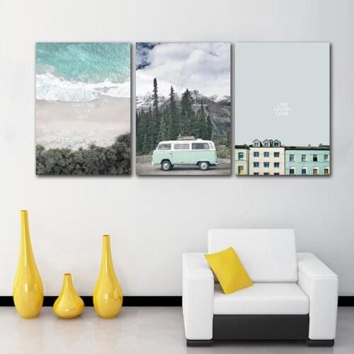 No Frame Nordic Poster Landscape Combination of Sea Mountain and Rivers Building Car Canvas Art Picture Home Decoration Painting
