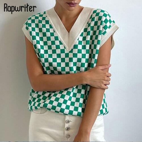 Rapwriter y2k Plaid Sweater Vest Vintage Printed 90s Autumn Top Women Knitted Mini Vest Casual Streetwear Harajuku Clothing 2021