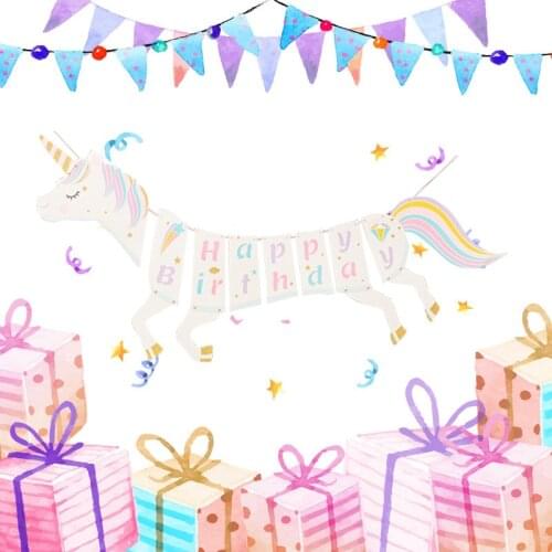 Chicinlife 1Set happy birthday Unicorn Bunting Rainbow Banner Birthday wedding decoration Kids baby Shower supplies