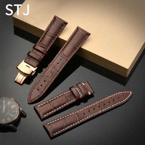 STJ Brand Calf Genuine Leather Black Watch Band Strap for Watchband size 18mm 19mm 20mm 21mm 22mm 24mm Watch wristband Bracelet