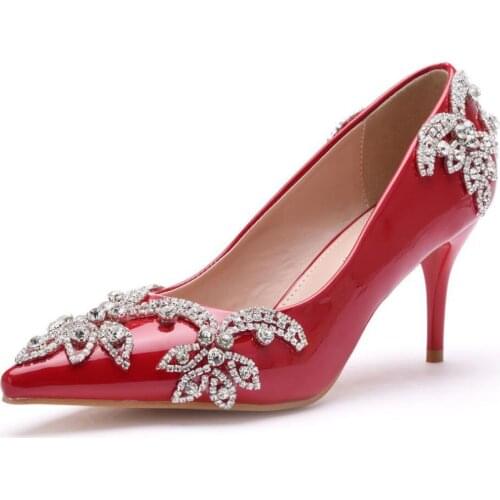 Luxury brand new 7 cm high heels rhinestone flower shoes, stiletto heels, patent leather womens single shoes, bridal shoes