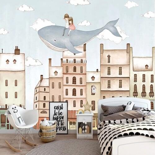 Custom Self-Adhesive Wallpaper Nordic Hand Painted Whale Castle Living Room Childrens Bedroom Background Wall Mural 3D Stickers